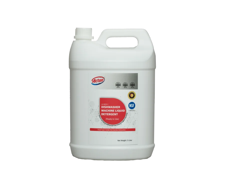 White plastic jug of Action dishwasher machine liquid detergent with a red label. The label includes icons and text, promoting a powerful formula.